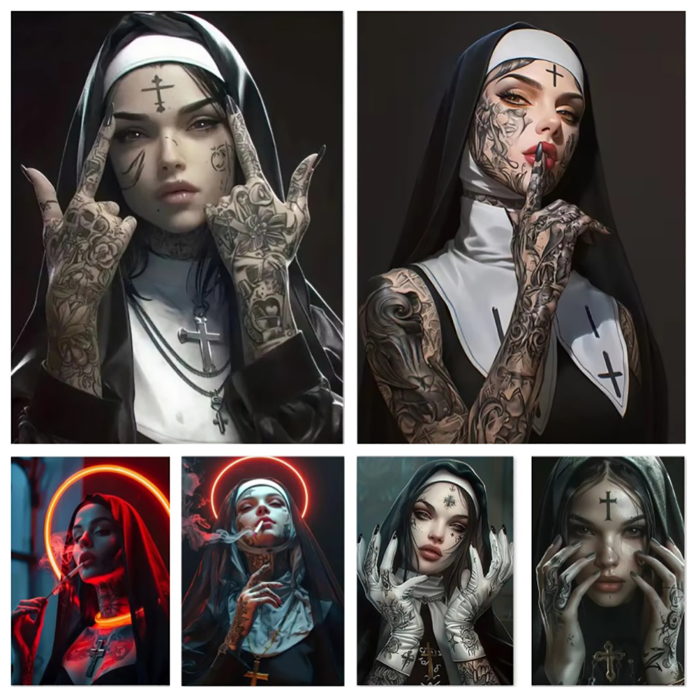Vintage Fashion Photos - Fashion Girl Tattoo Nun Canvas poster
