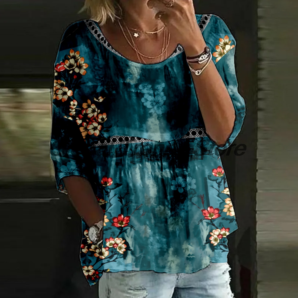 Printed Floral Shirt - Women's Watercolor Floral Print 3/4 Sleeve