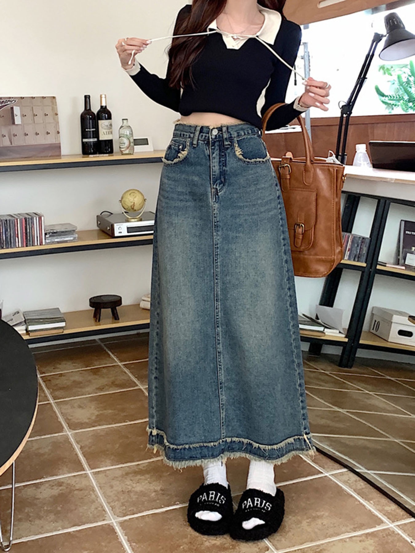 Denim Skirt Midi Vintage - Vintage Frayed Edge High-Waisted Denim Midi