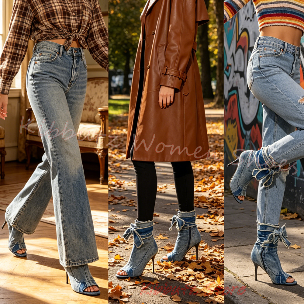 Denim Bows Sandal Peep Toe Ank - Vintage Fashion Boots incelemesi ve fiyatı