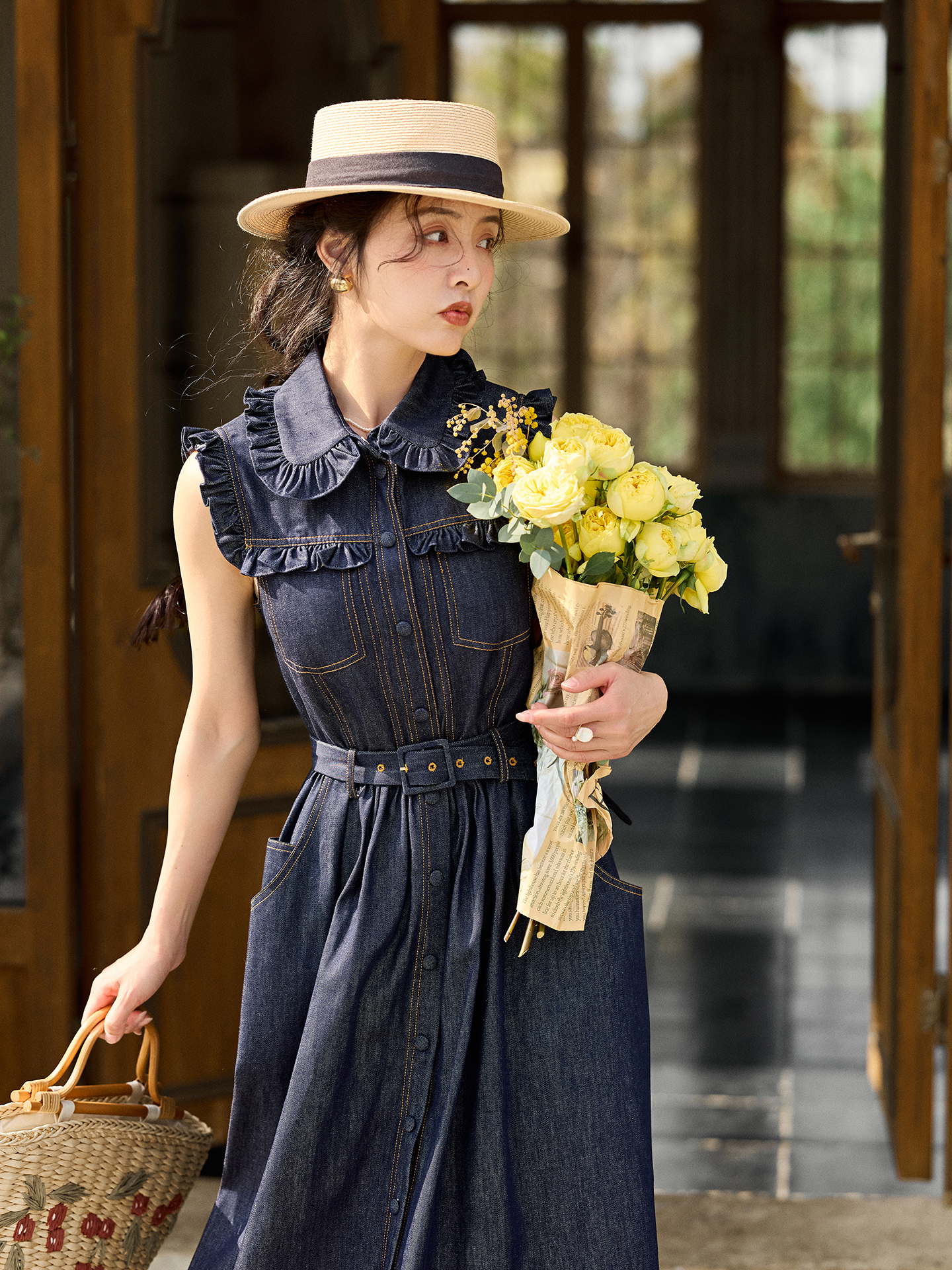 Retro Doll Collar Denim Dress  - Denim Skirt Midi Vintage incelemesi ve fiyatı