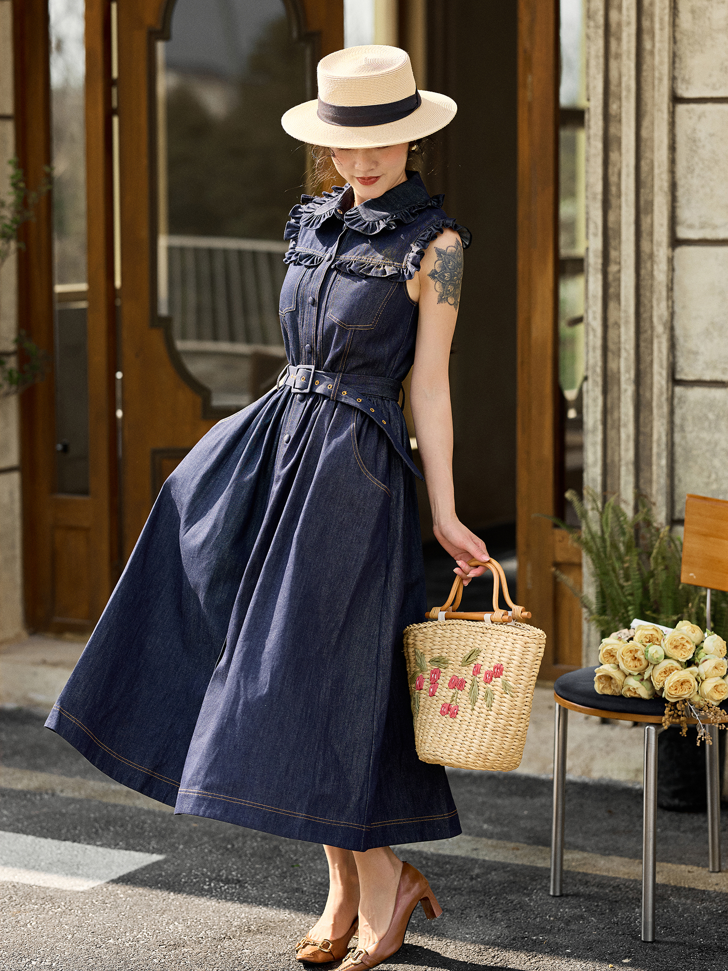 Retro Doll Collar Denim Dress  - Denim Skirt Midi Vintage incelemesi ve fiyatı