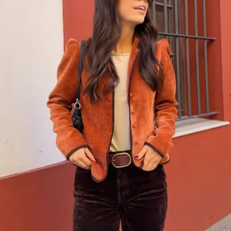 Stand Collar Contrast Piping T - Velvet Blazer Vintage incelemesi ve fiyatı