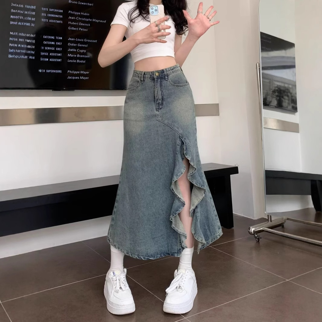 Korean High Waist Vintage Blue - Denim Skirt Midi Vintage incelemesi ve fiyatı