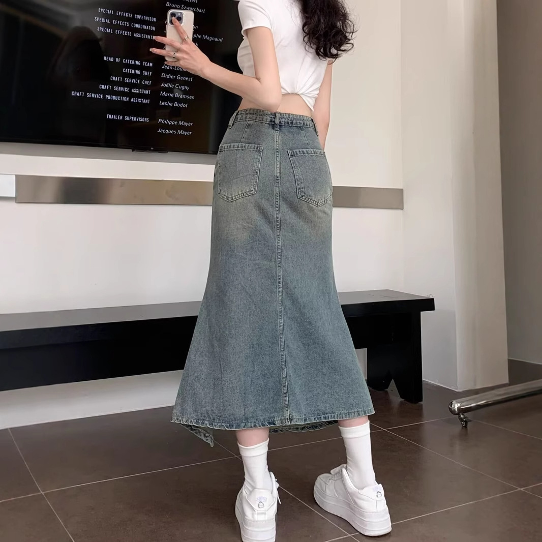 Korean High Waist Vintage Blue - Denim Skirt Midi Vintage incelemesi ve fiyatı