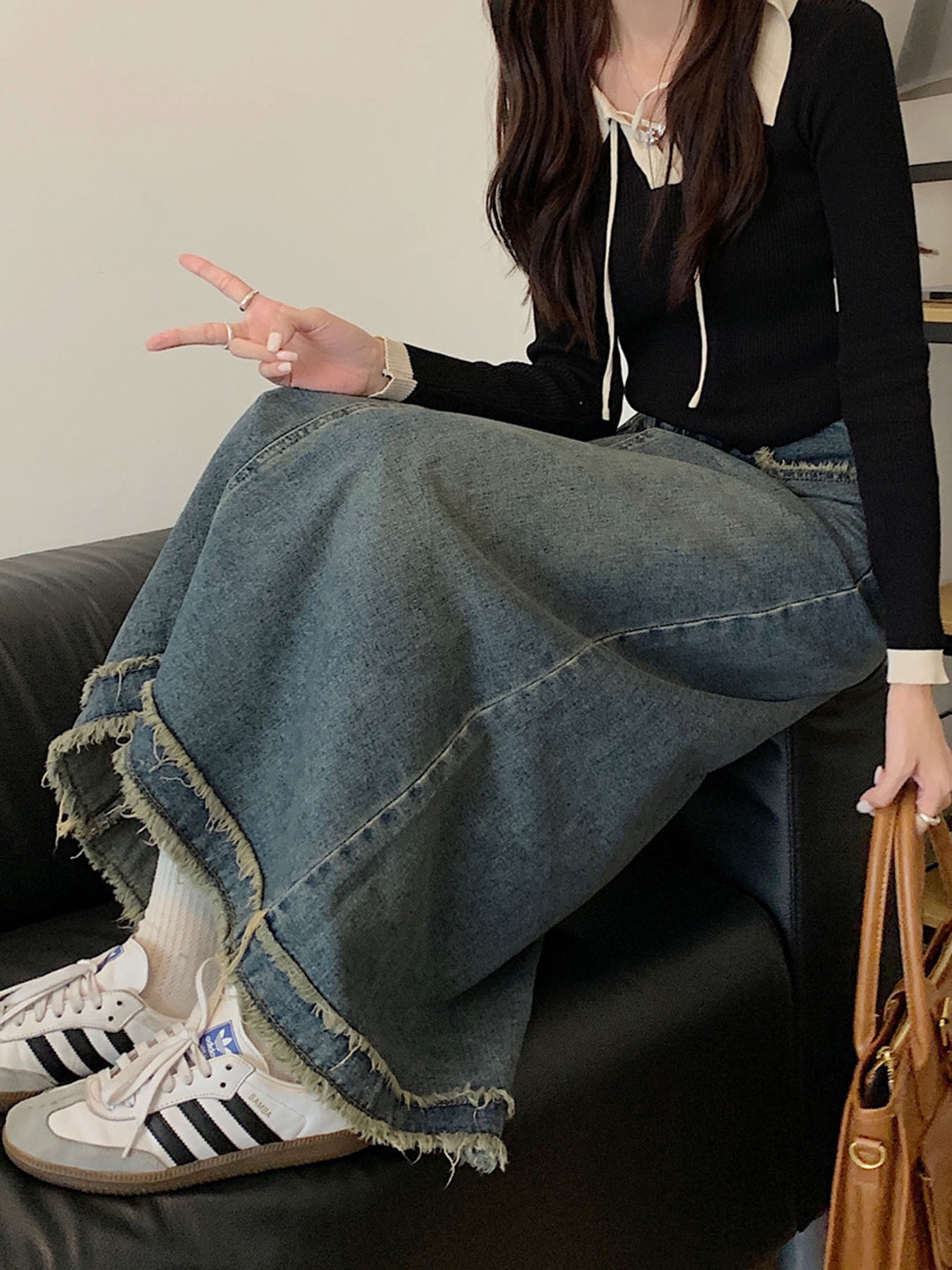 Vintage Frayed Edge High-Waist - Denim Skirt Midi Vintage incelemesi ve fiyatı