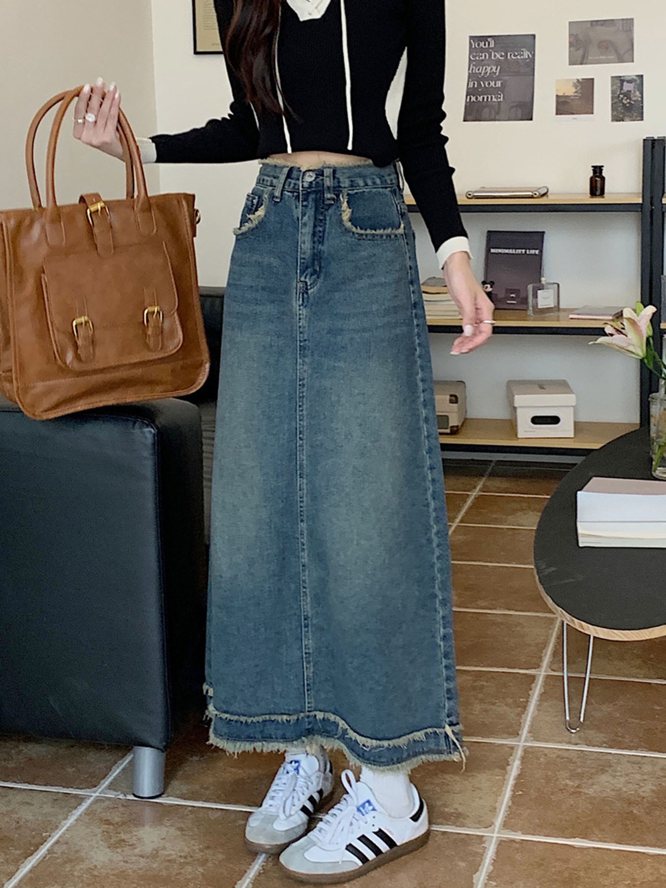 Vintage Frayed Edge High-Waist - Denim Skirt Midi Vintage incelemesi ve fiyatı